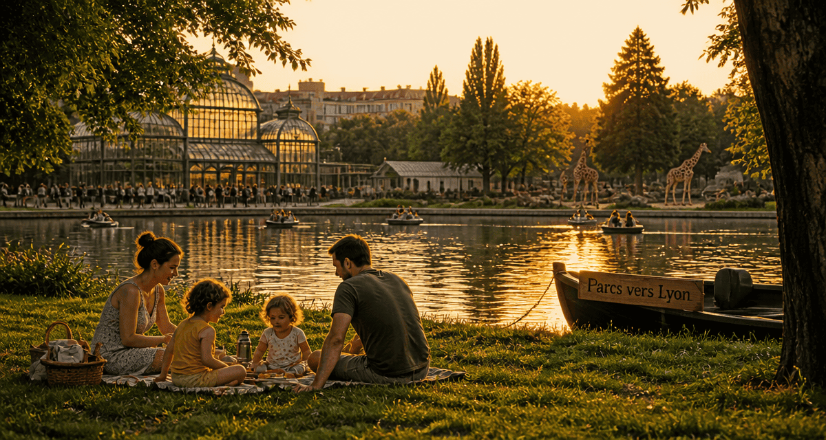 Parc vers Lyon, famille pique-nique, lac et zoo au coucher du soleil
