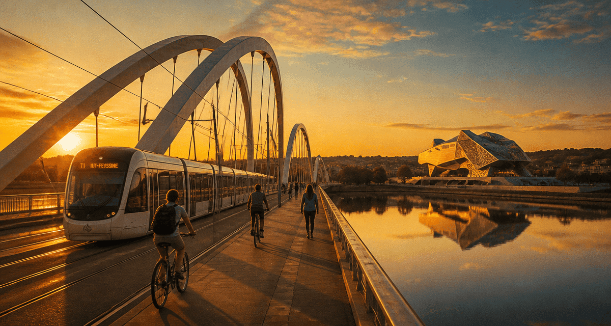 pont raymond barre lyon vue tramway au coucher de soleil