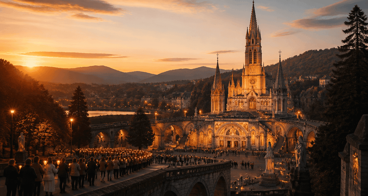 Visiter Lourdes en 2 jours, vue sur sanctuaire et pèlerins au crépuscule