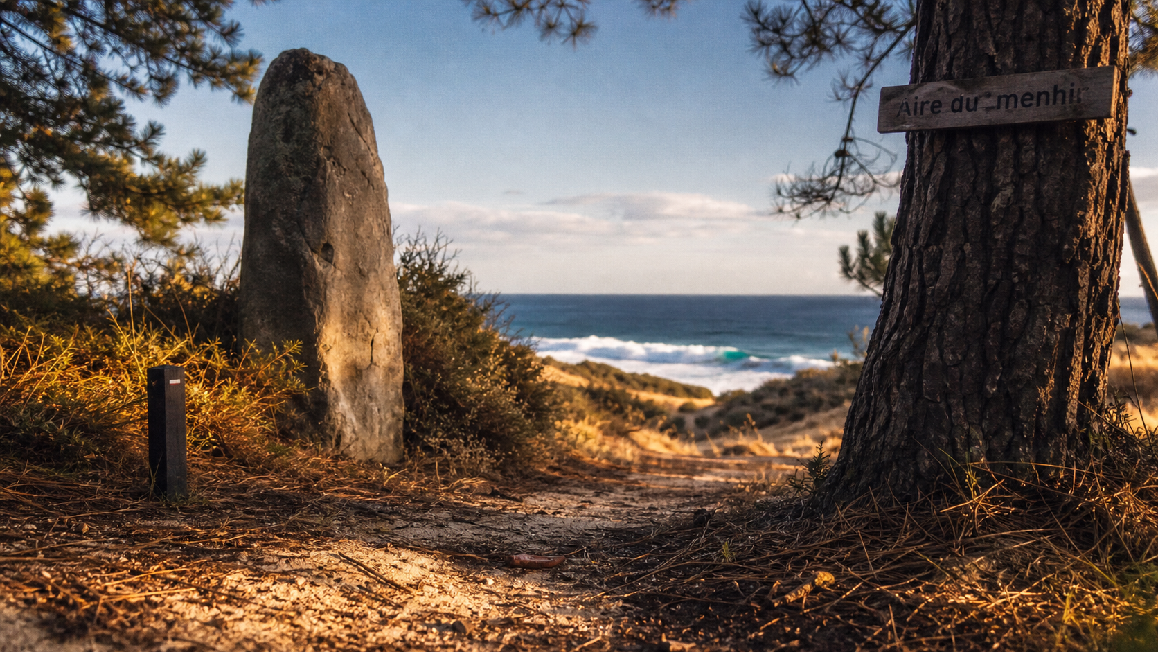 Aire du menhir à Olonne-sur-Mer : sentier sableux et menhir de la Conche Verte