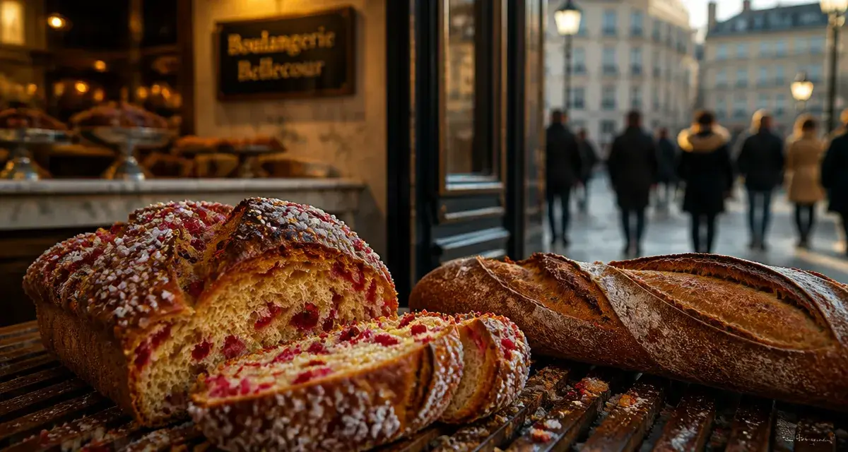 Vitrine boulangerie bellecour, brioche aux pralines et baguette Monge