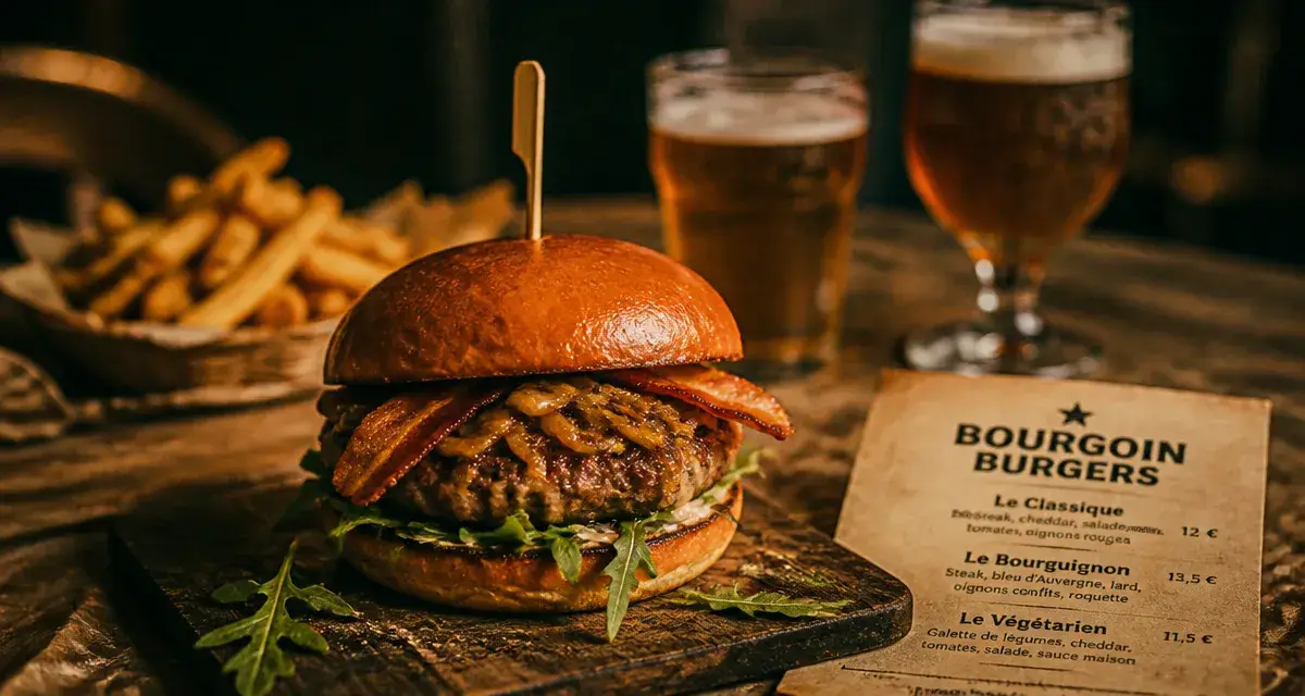 Burger bourgoin jallieu : burger gourmand sur planche bois, frites et bière à Bourgoin-Jallieu