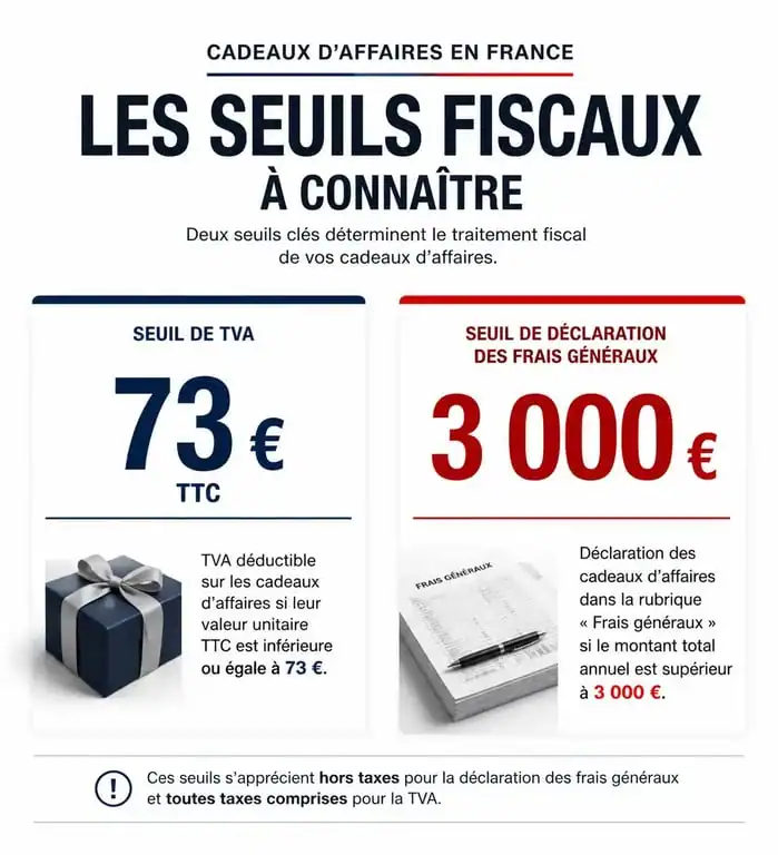 Infographie des seuils fiscaux et règles de conformité pour un cadeau fournisseur en entreprise