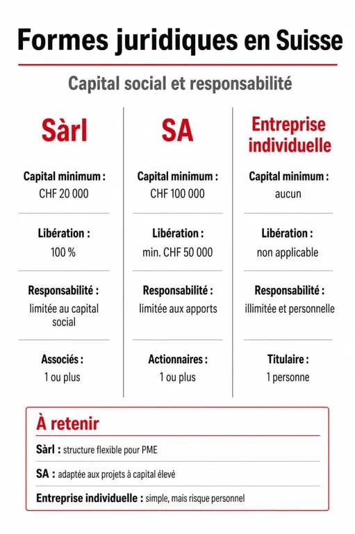 Infographie comparative des formes juridiques pour ouvrir une société en Suisse
