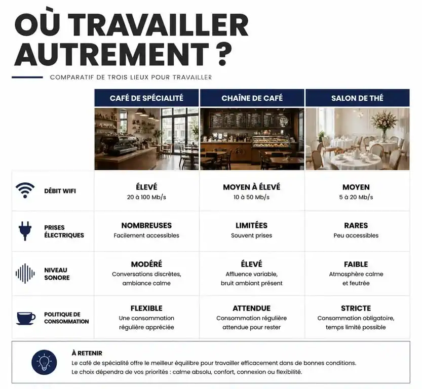 Infographie comparative des meilleurs lieux pour télétravailler dans un café wifi