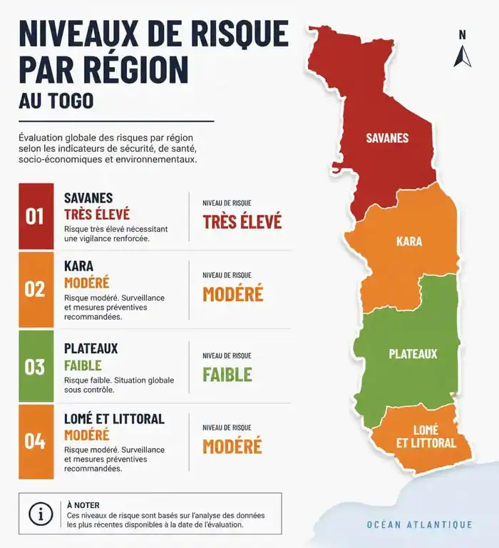 Infographie des niveaux de sécurité et risques par région au Togo pour les voyageurs
