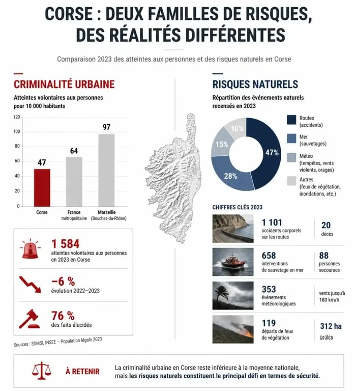 Infographie illustrant les différents types de risques en Corse, entre criminalité urbaine et dangers naturels pour la ville la plus dangereuse de Corse.