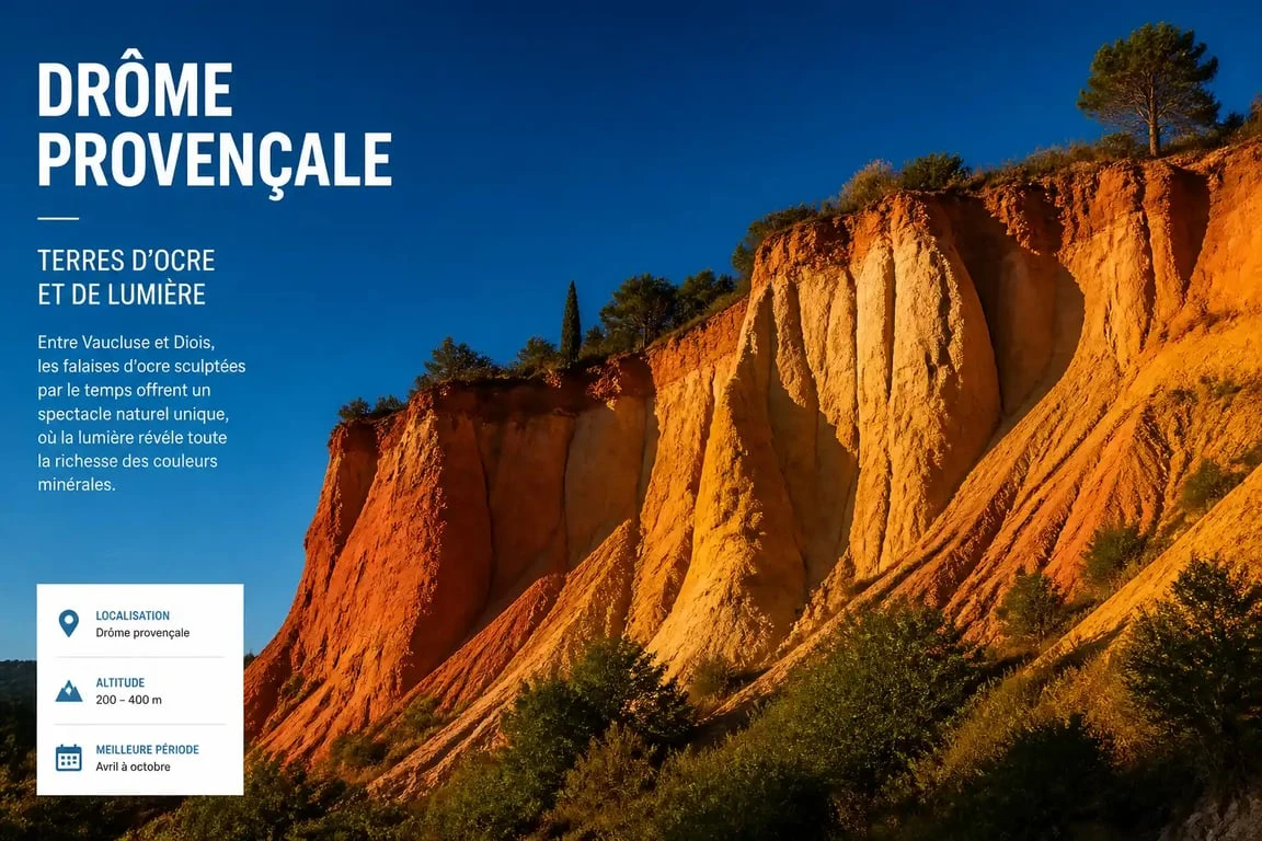 Paysage spectaculaire du Petit Utah dans la Drôme, falaises d'ocre et marnes multicolores.