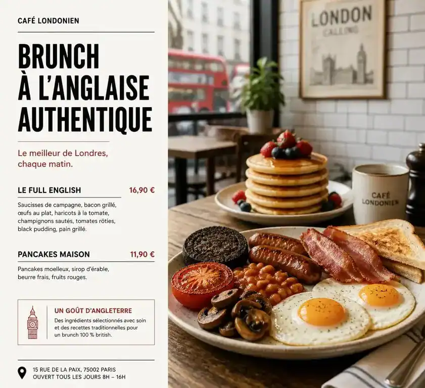Brunch à Londres : assiette de Full English breakfast et pancakes dans un café londonien typique.