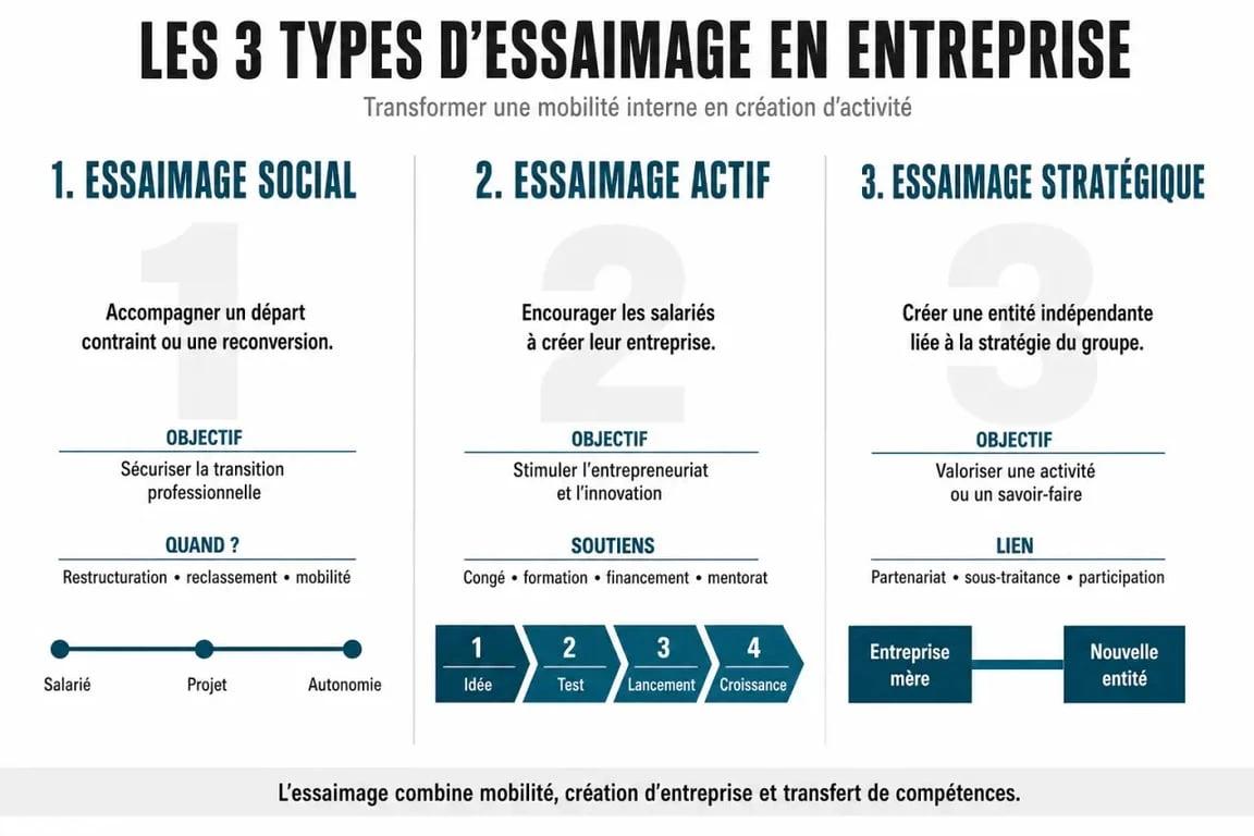 Infographie explicative des trois types d'essaimage en entreprise : social, actif et stratégique.