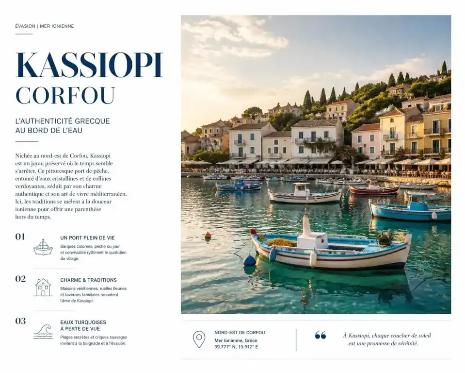 Vue panoramique du port de pêche traditionnel de Kassiopi à Corfou, Grèce