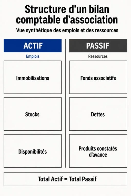 Schéma explicatif de la structure d'un bilan pour association : actif et passif