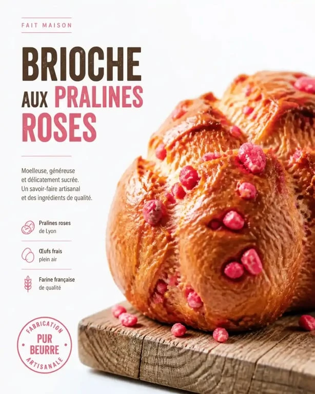 Brioche aux pralines roses artisanale, spécialité lyonnaise vendue en boulangerie à Bellecour