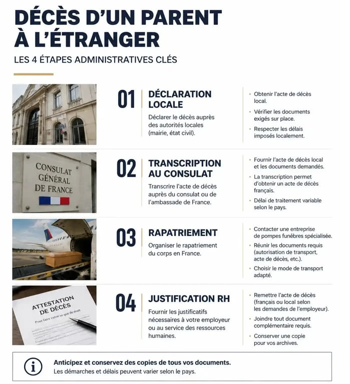 Infographie des démarches administratives pour un décès d'un parent à l'étranger