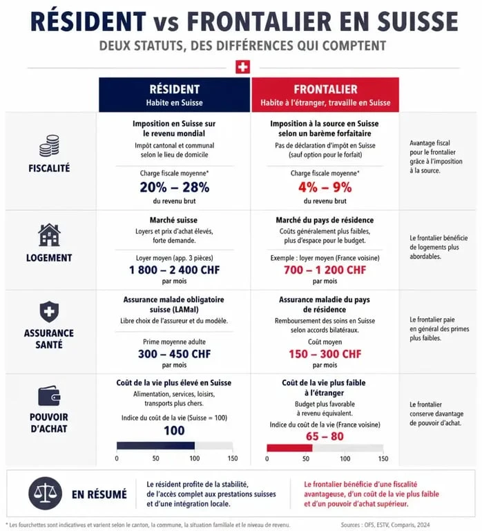 Infographie comparative des avantages et inconvénients de vivre en Suisse en tant que résident ou frontalier.