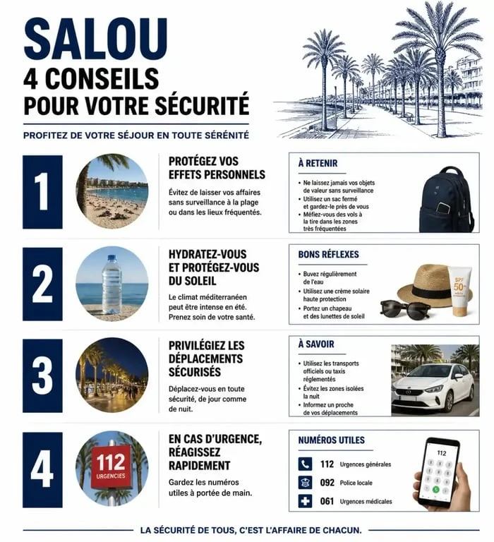 Infographie des conseils de sécurité pour les touristes à Salou ville dangereuse