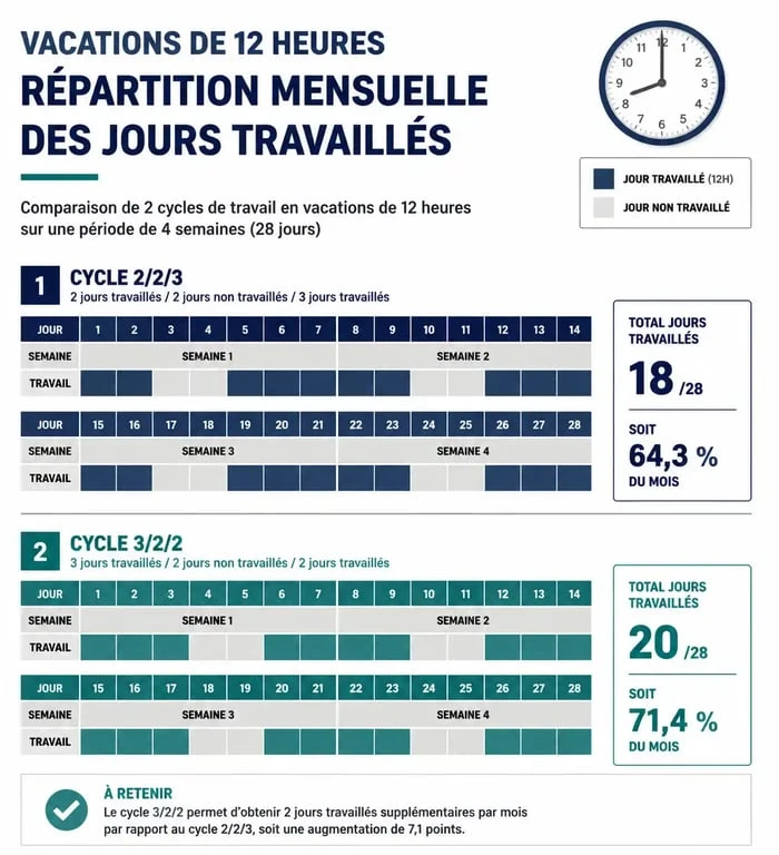 Infographie sur le calcul des jours travaillés par mois pour un rythme de travail en 12h combien de jour par mois