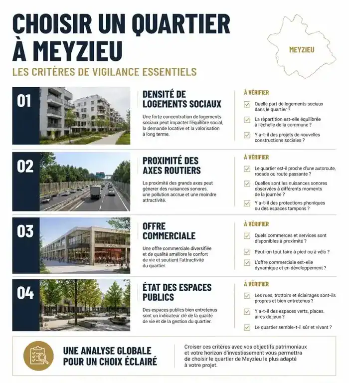 Infographie des critères de vigilance pour choisir son quartier à Meyzieu et éviter les zones à risques