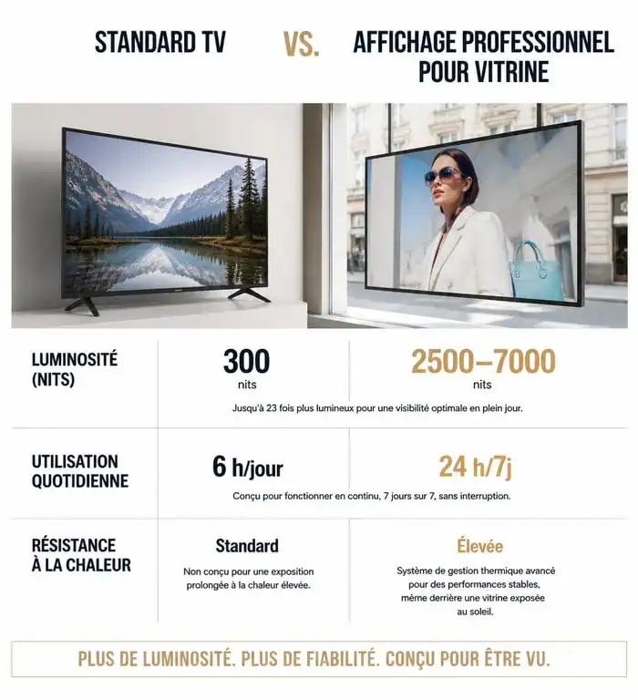 Comparaison technique entre un écran standard et un écran pour vitrine professionnel