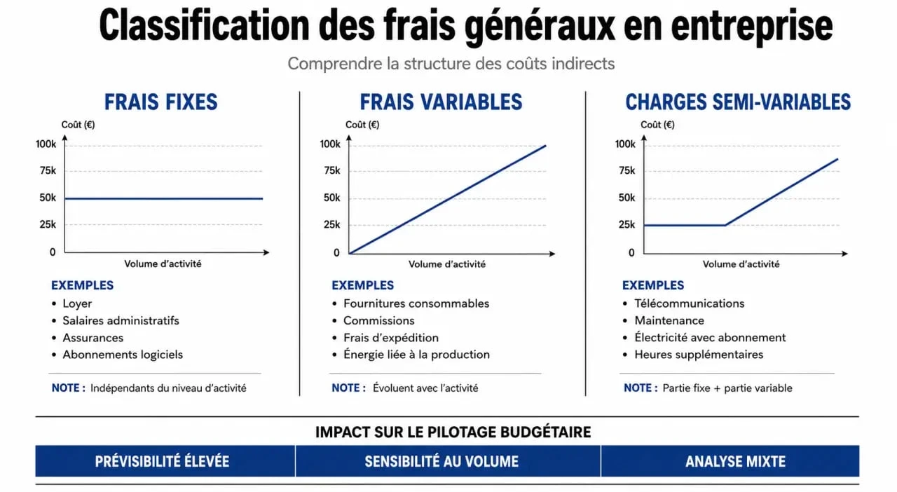 Infographie sur la classification des frais généraux et leur impact sur la rentabilité de l'entreprise