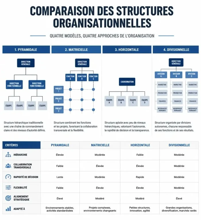 Infographie comparative des différents types de hiérarchie dans une entreprise