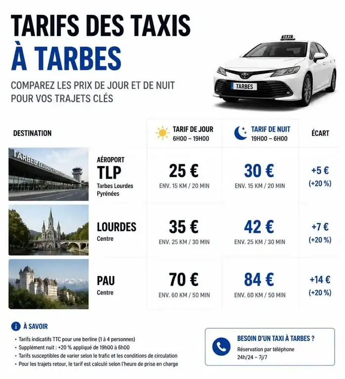 Infographie des tarifs de taxi à Tarbes : comparaison des prix de jour et de nuit pour les trajets vers l'aéroport et Lourdes.