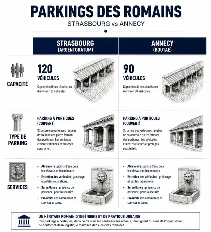 Infographie comparative des parkings des Romains à Strasbourg et Annecy pour faciliter le stationnement