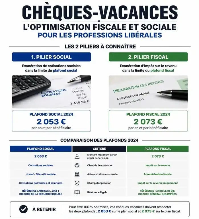 Infographie des plafonds d'exonération fiscale et sociale des chèques-vacances pour professions libérales