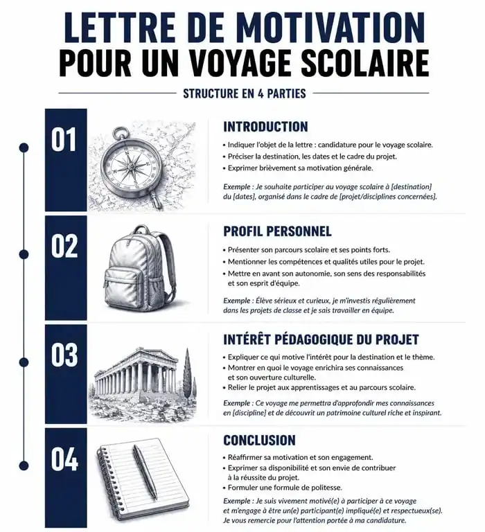 Structure idéale d'une lettre de motivation pour un voyage scolaire en quatre étapes clés