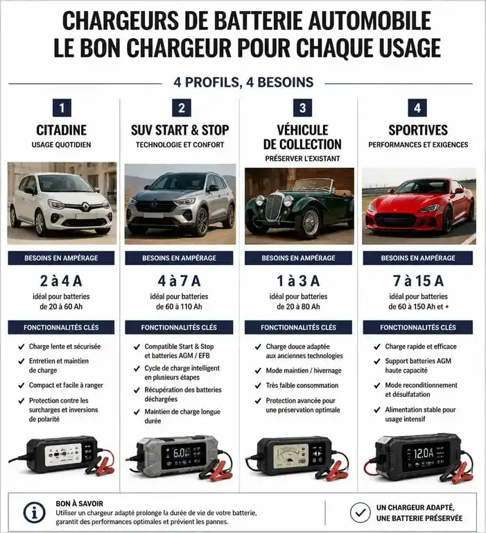 Infographie comparative pour choisir le meilleur chargeur de batterie voiture selon votre véhicule