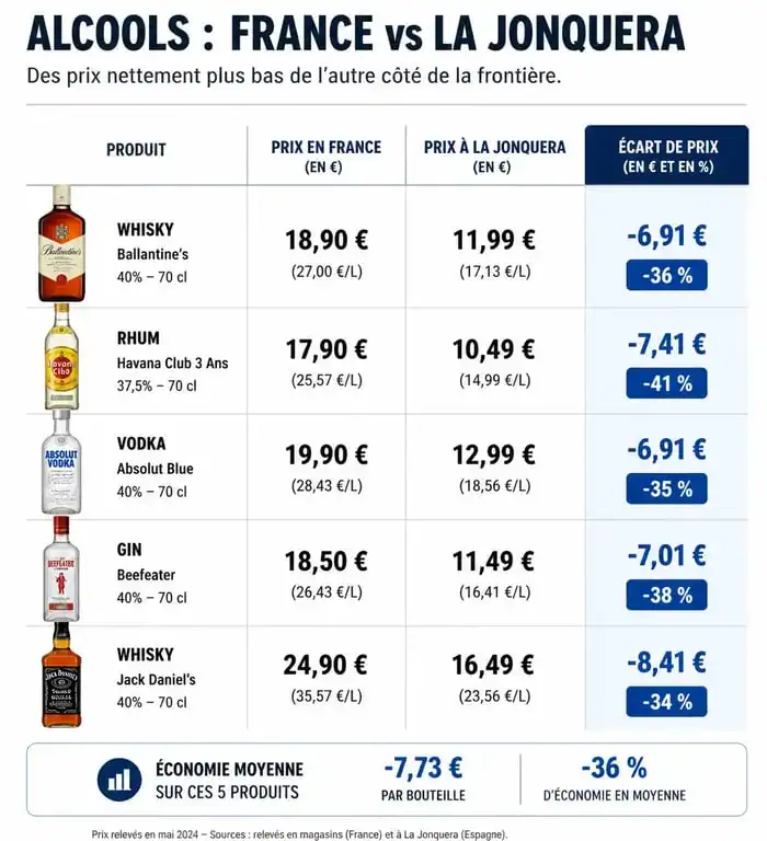 Comparatif des prix de l'alcool entre la France et La Jonquera 2025