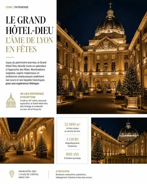 Marché de Noël au Grand Hôtel-Dieu à Lyon, illuminations festives dans les cours historiques
