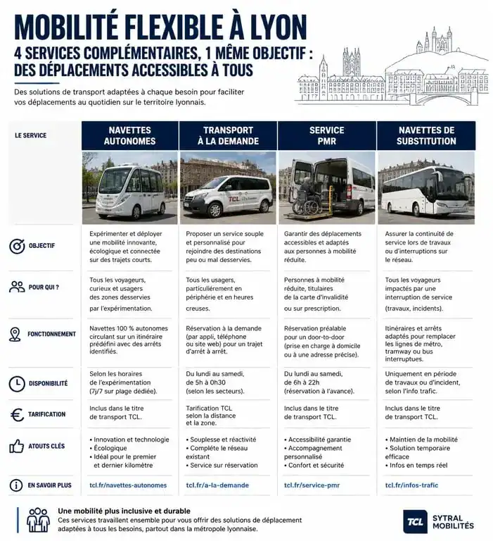 Comparatif des services de mobilité flexible Keolis Lyon : navettes autonomes, TAD et transport PMR