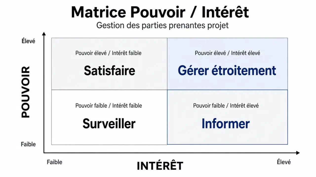 Matrice Pouvoir Intérêt pour la gestion des parties prenantes projet