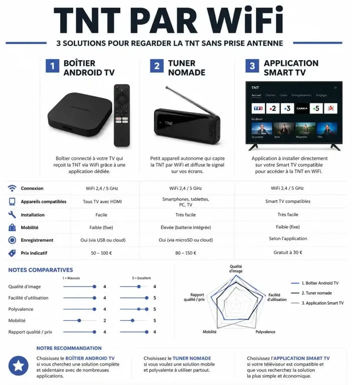 Infographie comparative des solutions pour recevoir la TNT par WiFi sur différents appareils