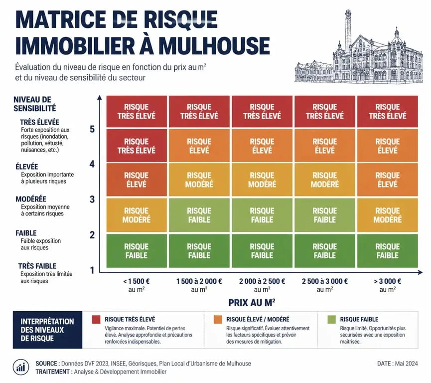 Infographie comparative des quartiers de Mulhouse : prix au m² et niveau de sensibilité pour l'investissement immobilier.