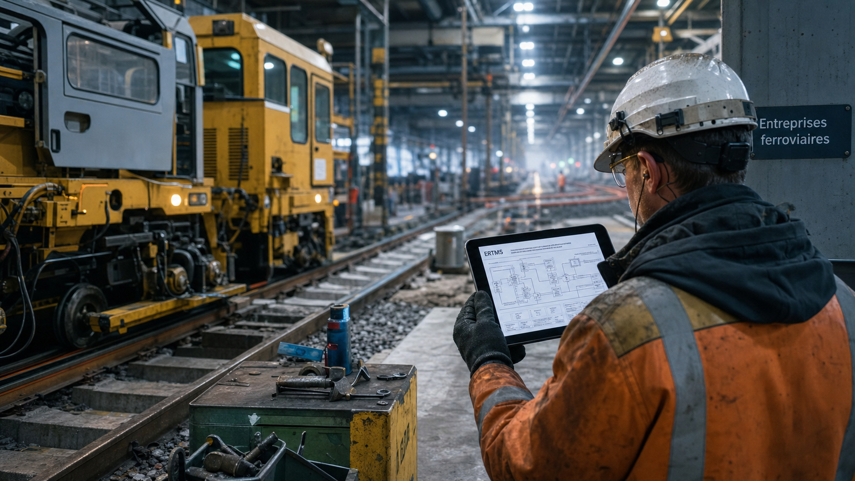Entreprise ferroviaire France : atelier maintenance ERTMS, technicien sur tablette.