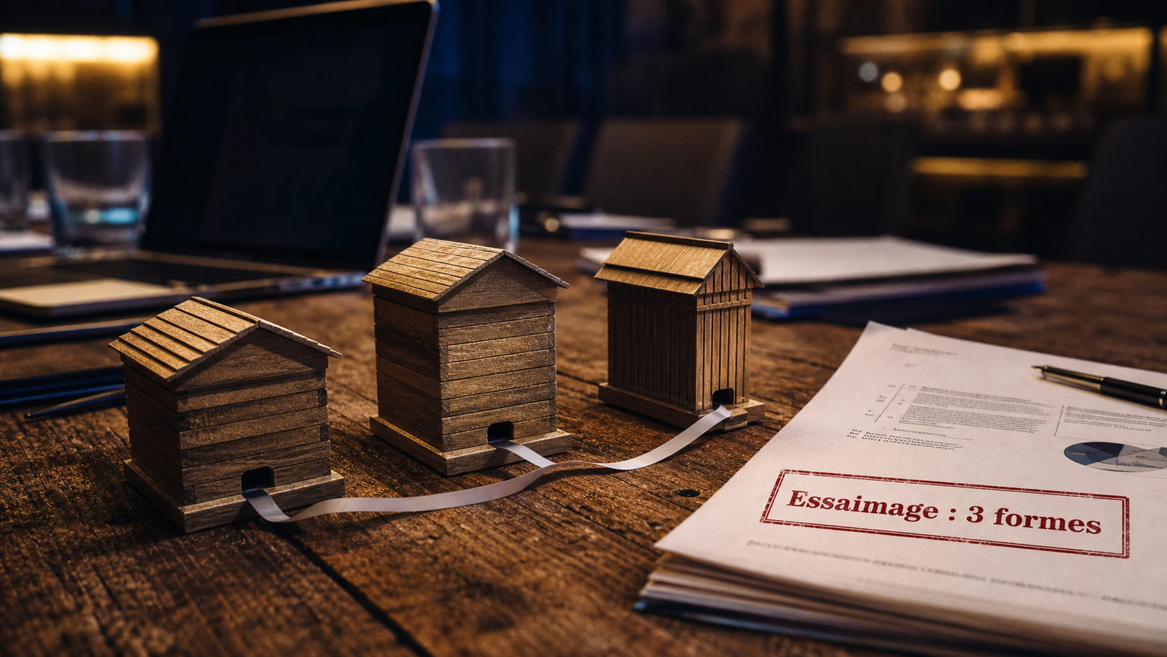 Essaimage entreprise : documents et ruches miniatures sur table, sécurité création ou reprise