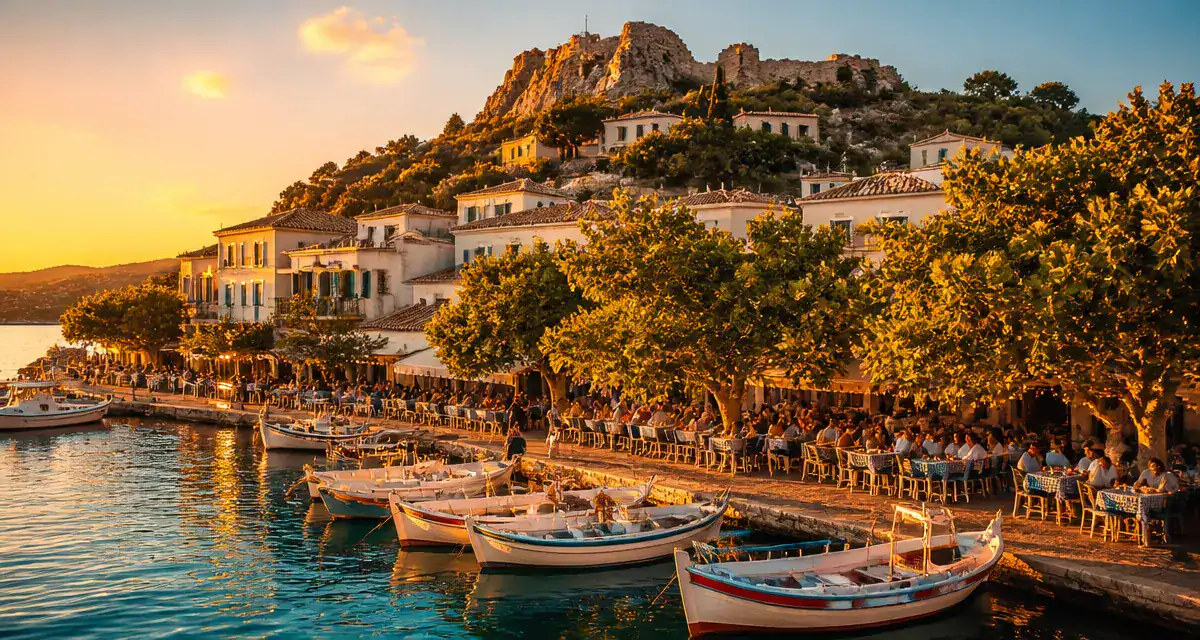 kassiopi town port et château byzantin au coucher de soleil