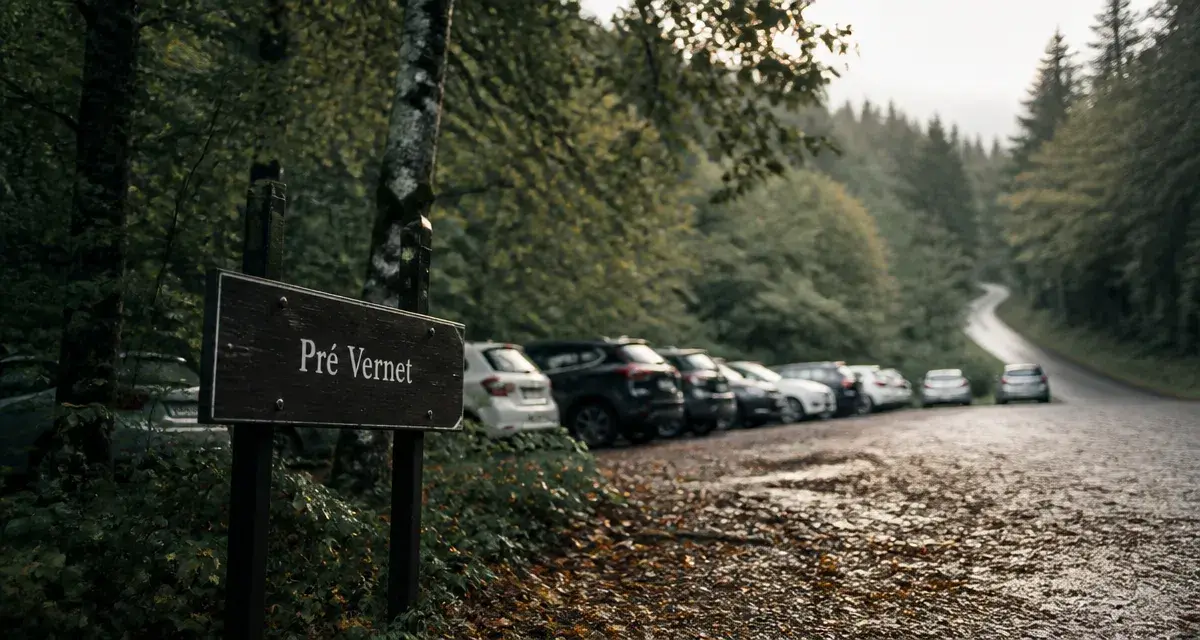 Parking pré vernet au Mont Veyrier, panneaux et voitures en forêt