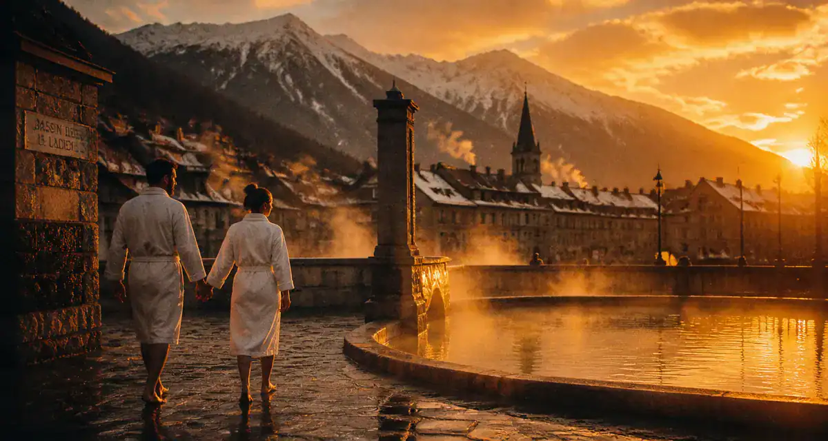 Que faire à Ax-les-Thermes l'hiver, couple aux sources chaudes au coucher du soleil