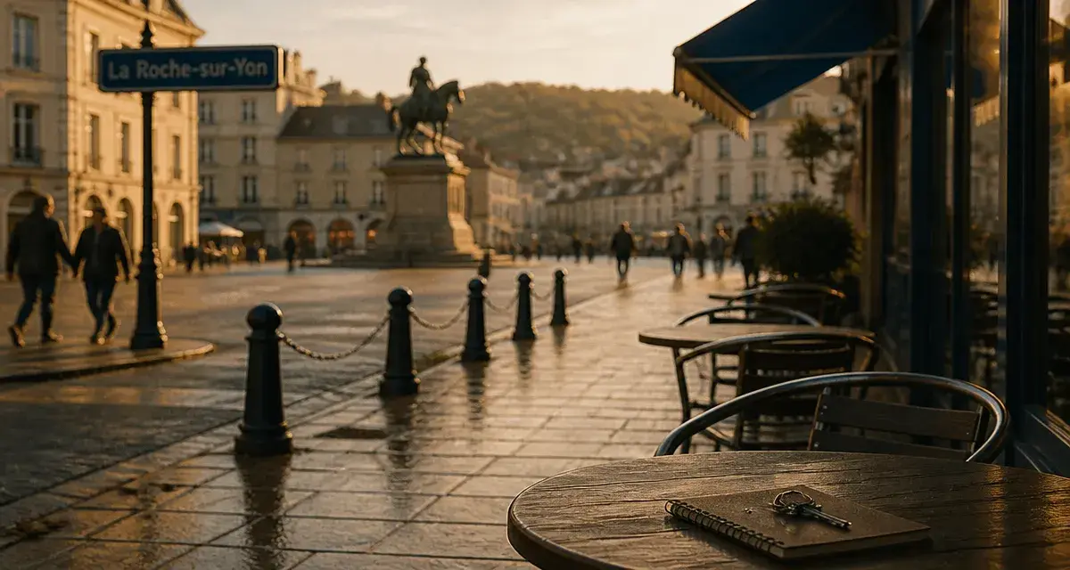 Vivre à la roche sur yon : Place Napoléon, trottoir humide et terrasse de café