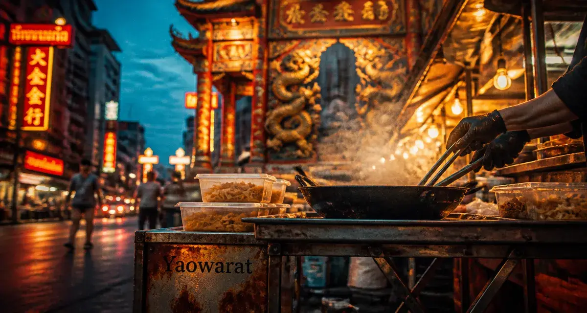 Yaowarat Bangkok, wok fumant et street food au bleu nuit sur Yaowarat Road