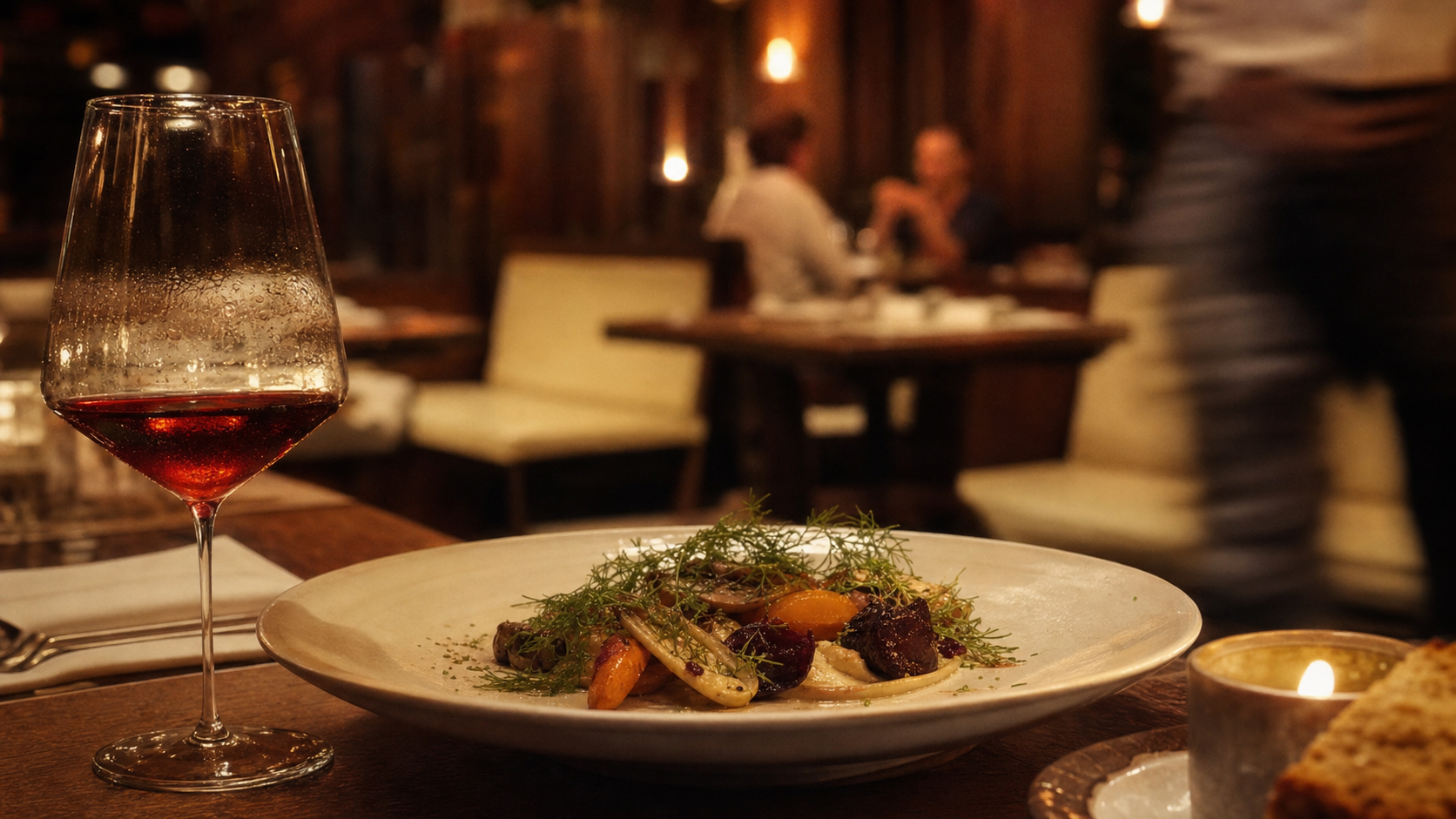Agastache restaurant lyon : dîner bistronomique, assiette aux légumes rôtis et vin