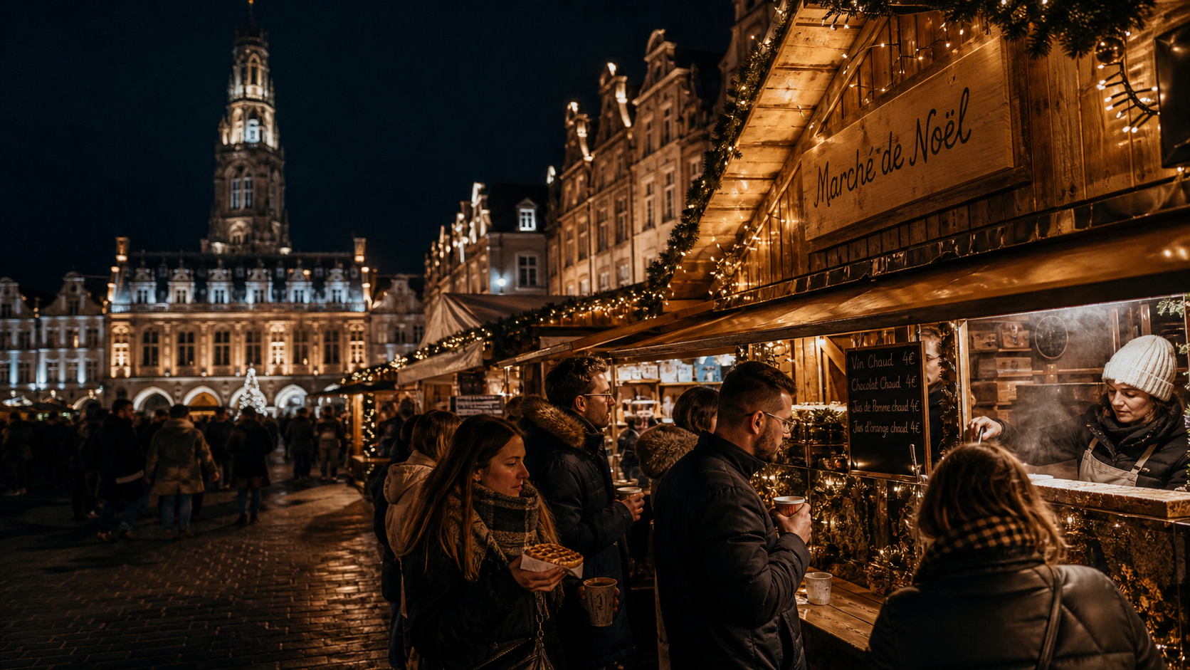 Arras noel : chalets sur la Grand’Place d’Arras et visiteurs