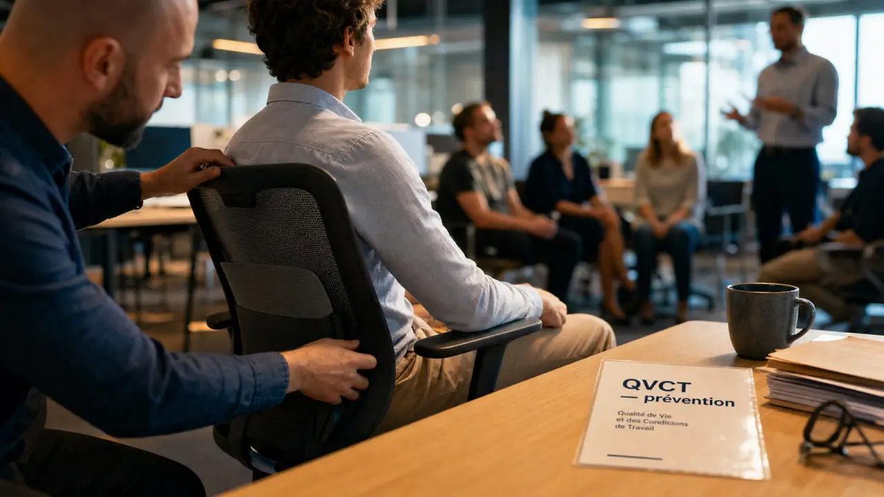Bien-être en entreprise lyon : prévention QVCT en open space, ergonome ajuste la posture