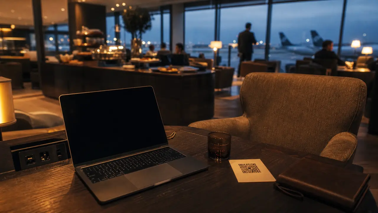 Business lounge lyon airport : table et QR code, ambiance calme
