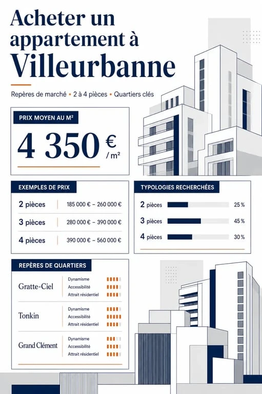 Achat appartement Villeurbanne : infographie éditoriale des prix au m², typologies et quartiers