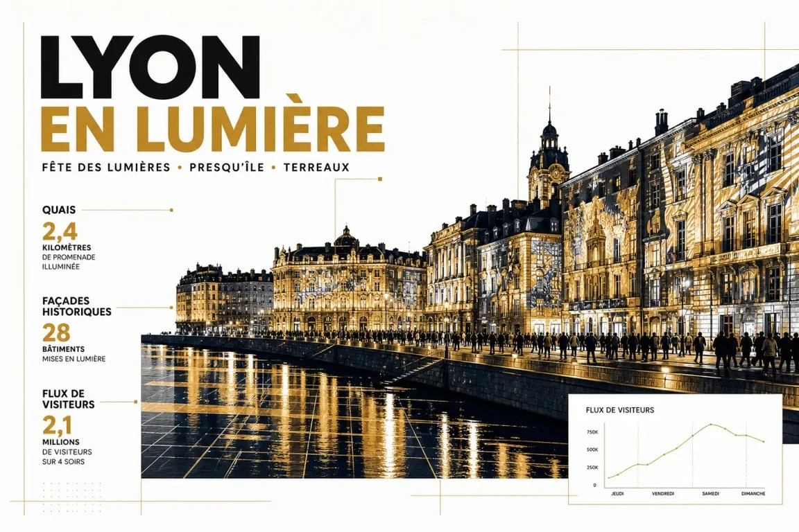 Fetes lumieres lyon : vue nocturne de Lyon illuminée pendant la Fête des Lumières
