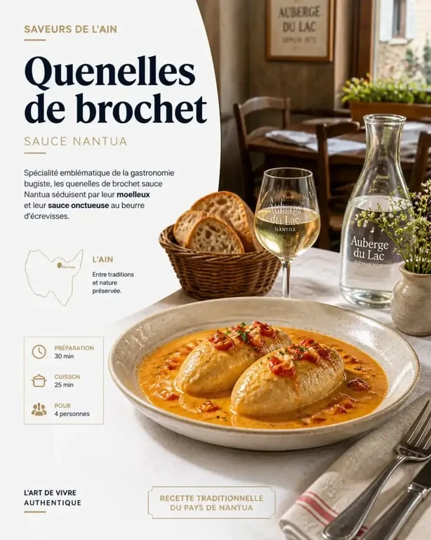 Plat de quenelles de brochet sauce Nantua dans un restaurant traditionnel de l'Ain